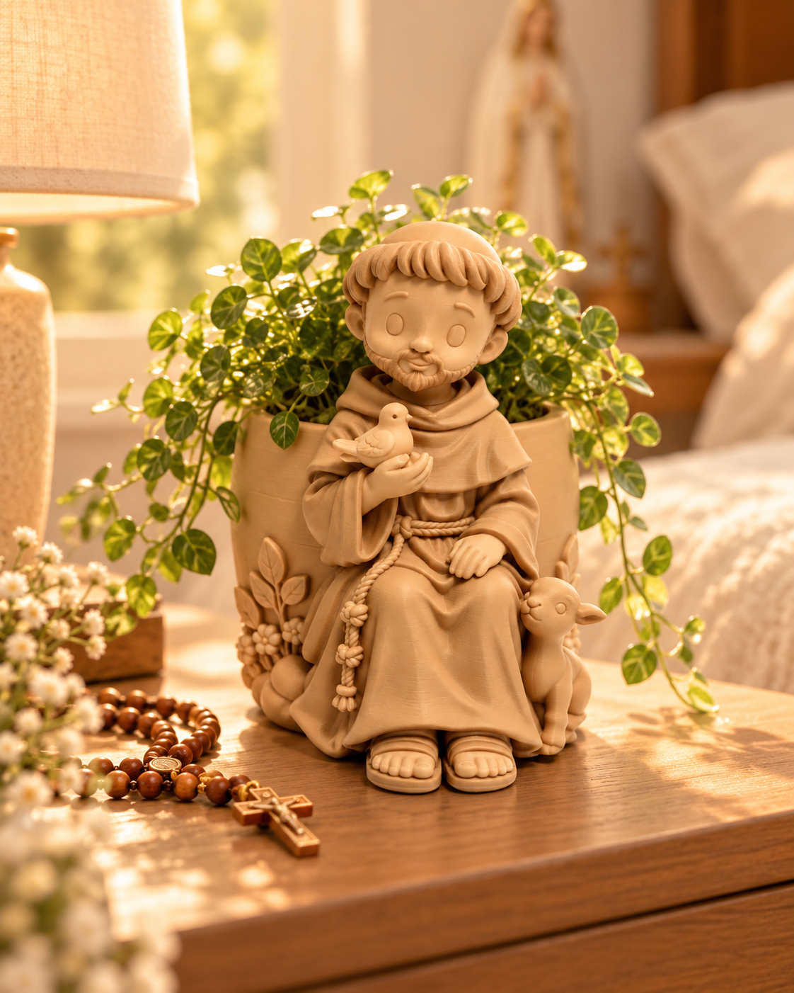 São Francisco junto a um vaso de plantas